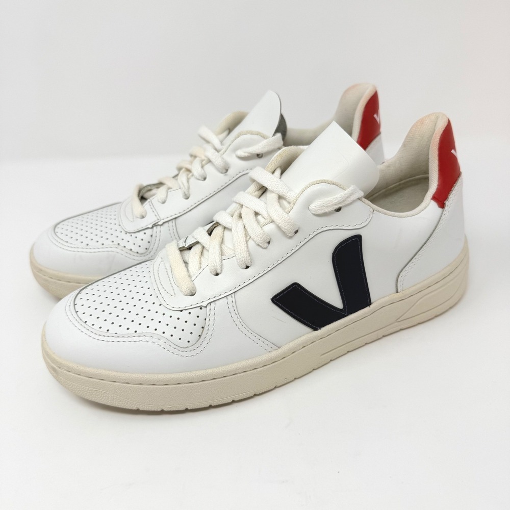 Veja V-10 White Leather Sneakers Navy Blue Red Womens Size 8‎ EUR 39 Low Top